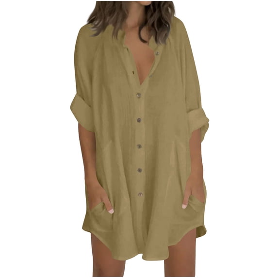 Mittory Linen Shirts for Women Loose Fit Button down Shirt with Pockets Dressy Casual Collared Shirts Beach Coverups