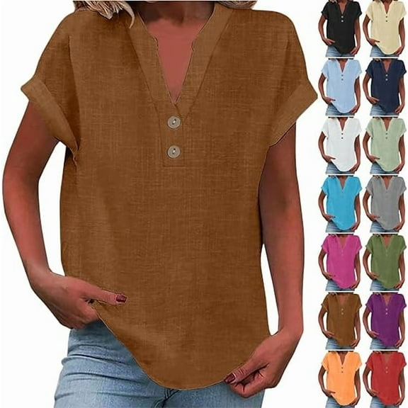 Mittory Linen Shirts for Women Roll Up Loose Fit V-Neck Cotton Button Up Shirt Short Sleeve Summer Casual Work Blouse Tops