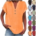 thumbnail image 1 of Mittory Linen Shirts for Women Roll Up Loose Fit V-Neck Cotton Button Up Shirt Short Sleeve Summer Casual Work Blouse Tops, 1 of 5