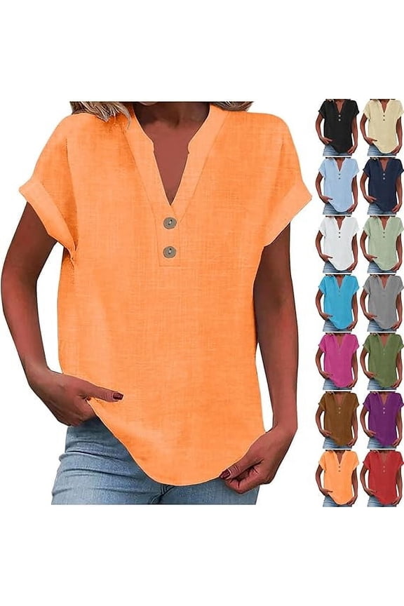 Linen Shirts for Women Roll Up Loose Fit V-Neck Cotton Button Up Shirt Short Sleeve Summer Casual Work Blouse Tops