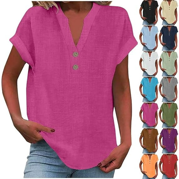 Mittory Linen Shirts for Women Roll Up Loose Fit V-Neck Cotton Button Up Shirt Short Sleeve Summer Casual Work Blouse Tops