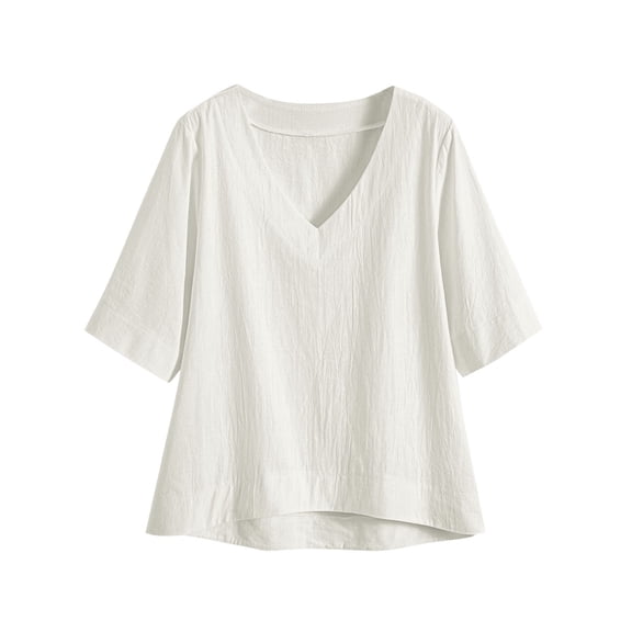 Mittory Linen Shirts for Women Short Sleeve Crew Neck Linen Cotton Shirts Tops Casual Dressy Blouse Outfits