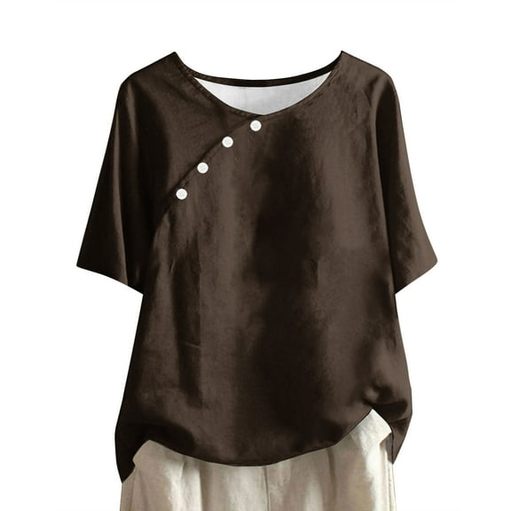 Mittory Linen Shirts for Women Short Sleeve Embroidery Summer Casual T Shirt Crewneck Beach Tunic Tops