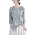 thumbnail image 1 of Mittory Linen Shirts for Women Summer Beach 3/4 Length Sleeve O Neck Tops Dressy Casual Tunic Loose Blouse, 1 of 4