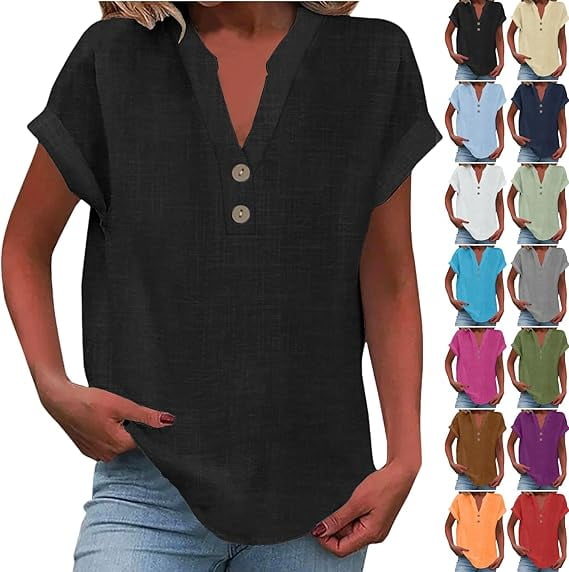 Mittory Linen Shirts for Women Summer Casual Button Down V Neck Short ...