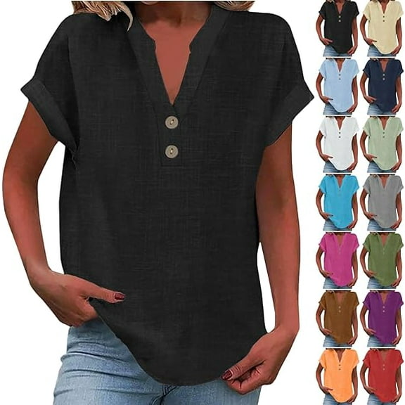 Mittory Linen Shirts for Women Summer Casual Button Down V Neck Short Sleeve Tops Comfy Trendy Business Work Blouses