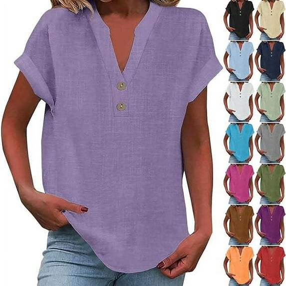 Mittory Linen Shirts for Women Summer Casual Button Down V Neck Short Sleeve Tops Comfy Trendy Business Work Blouses