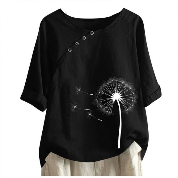 Mittory Linen Shirts for Women Summer Vintage Short Sleeve Crewneck Button Down Shirts Plus Size Blouses Trendy Clothes