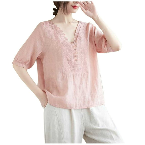 Mittory Linen Shirts for Women Trendy Summer Embroidered Short Sleeve Tops Dressy Casual Loose Boho Cute Blouses