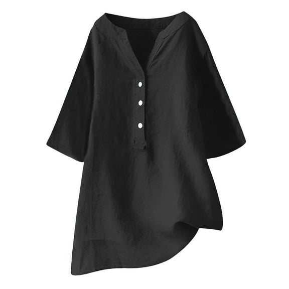 Mittory Linen Shirts for Women Trendy Summer Tops Button 3/4 Sleeve V Neck Plus Size Beach Blouses Boho Loose Tunic