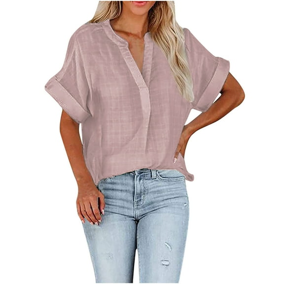Mittory Linen Shirts for Women V Neck Short Sleeve Tops Summer Casual Comfy Trendy Business Work Blouses