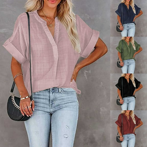 Mittory Linen Shirts for Women V Neck Short Sleeve Tops Summer Casual Comfy Trendy Business Work Blouses