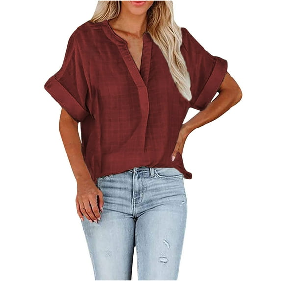 Mittory Linen Shirts for Women V Neck Short Sleeve Tops Summer Casual Comfy Trendy Business Work Blouses