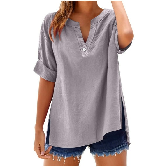 Mittory Linen Tops for Women Summer Work Shirts Trendy Button Down Plus Size V Neck Boho Clothes Spring Tops