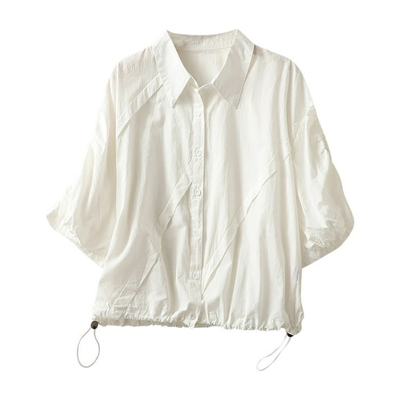 Mittory Linen Tshirts for Women Summer Fall 3/4 Dolman V Neck Sleeve Drawstring Basic Tee Shirt