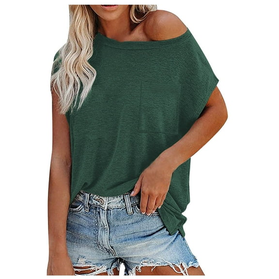 Mittory Off Shoulder Short Sleeve Tops for Women Summer T Shirts with Pocket Basic Tees Casual Loose Fit Top