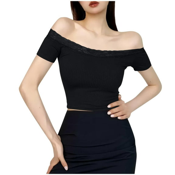 Mittory Off Shoulder Tops for Women Summer Trendy Slim Fit Short Sleeve Shirt Casual Going Out Crop Tee Blouse