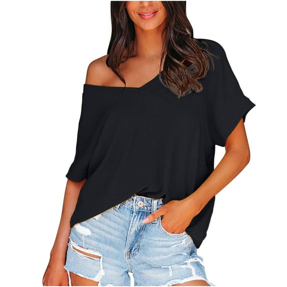 Mittory Off The Shoulder Tops for Women Short Sleeve T Shirts Loose Batwing Summer Going Out Oversized Blouse Tunic