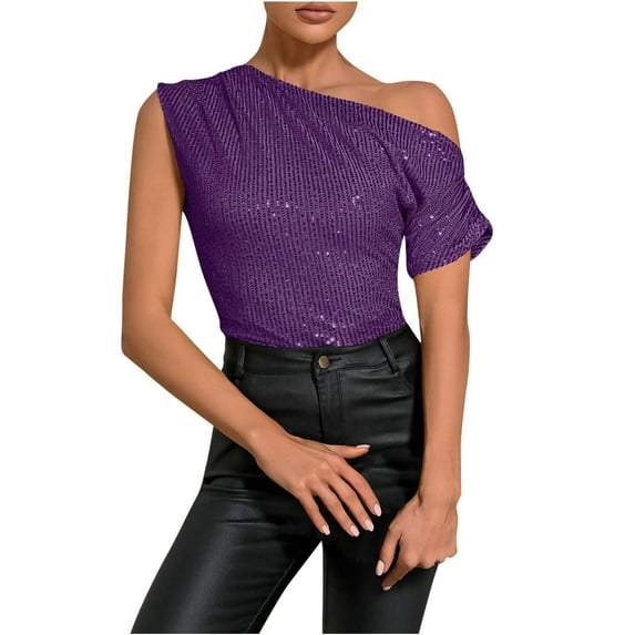 Mittory One Shoulder Sequin Sparkly Tops for Women Ruched Asymmetrical Glitter Tops Slimming Sparkle Party Shirts