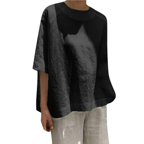 Mittory Oversized T Shirts for Women Plus Size 3/4 Sleeve Cotton Linen Blouses Tops