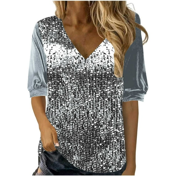 Mittory Plus Size Sequin Top for Women Short Sleeve Party Blouse Evening Sparkle Shimmer V Neck Glitter Shirt