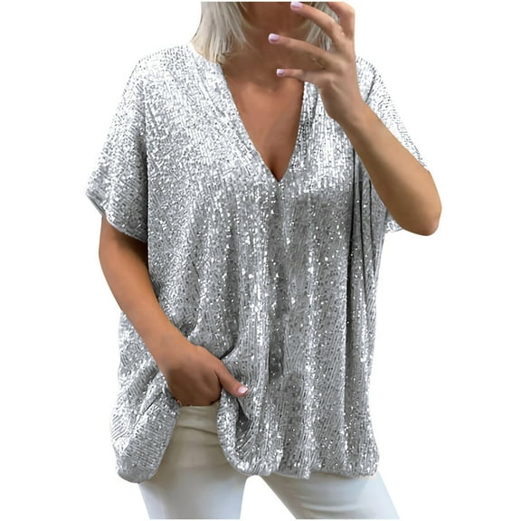 Mittory Plus Size Sequin Tops for Women Sparkly Blouses Dressy Casual Loose Fit Sexy Deep V Half Sleeve Evening Party Shirts
