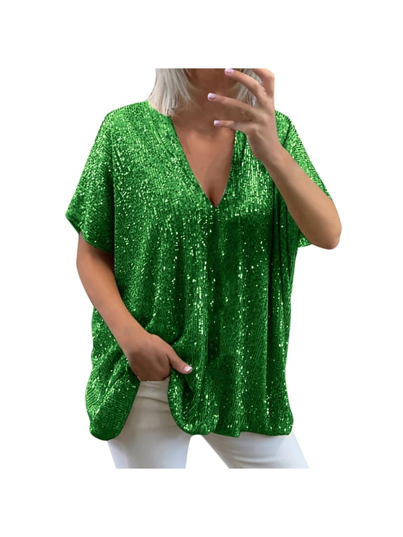 Plus Size Sequin Tops for Women Sparkly Blouses Dressy Casual Loose Fit Sexy Deep V Half Sleeve Evening Party Shirts