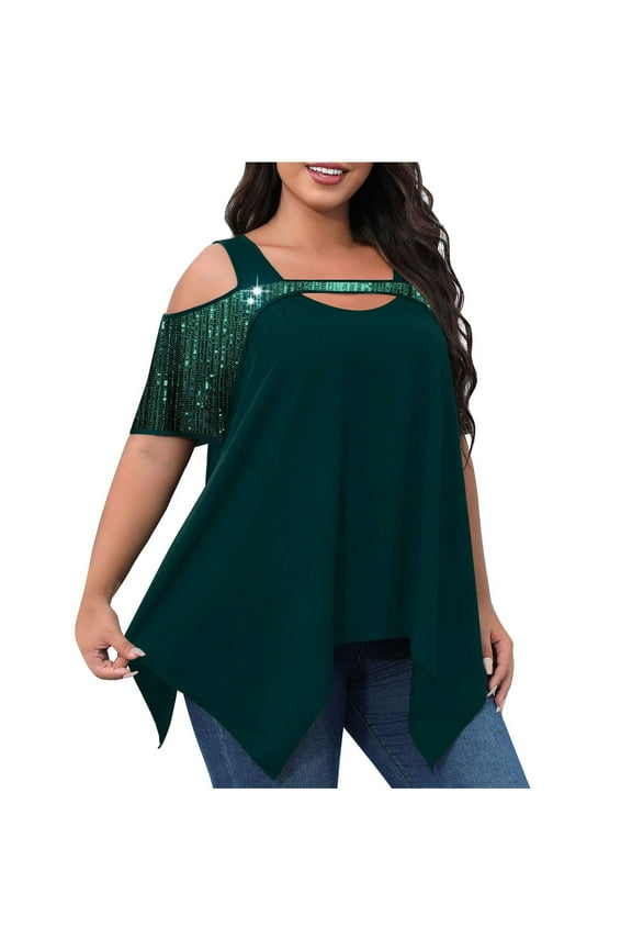 Plus Size Tops for Women Cold Shoulder Sparkle Sequin Short Sleeve Blouses Asymmetrical Irregular Hem Shirts