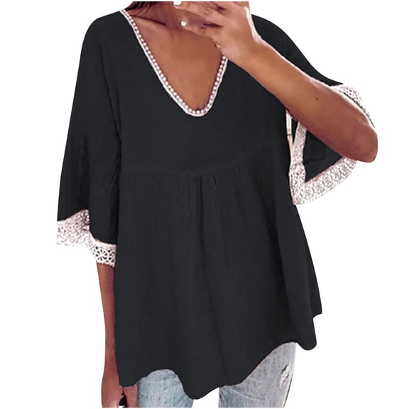 Mittory Plus Size Tops for Women T-Shirt With Contrast V-Neck Design Short Sleeve Blouses Tunic Top Spring Summer