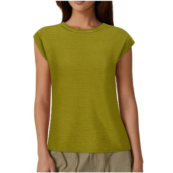 Mittory Ribbed Knit Tops for Women Casual Cap Sleeve Round Neck Stretchy Basic Summer T Shirt