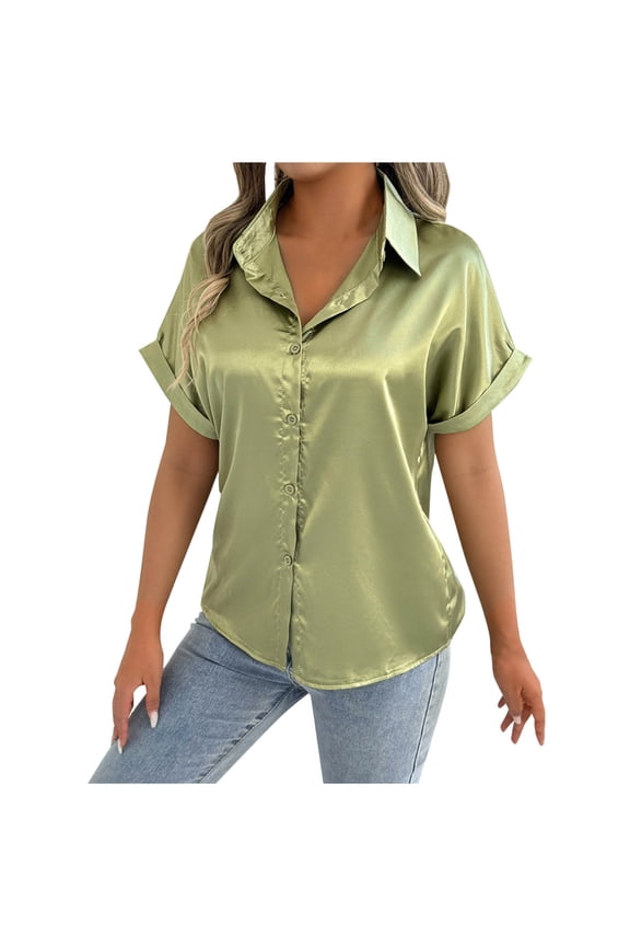 Satin Button Down Shirts for Women V Neck Silk Blouse Casual Short Sleeve Shirt Office Work Tunic Top