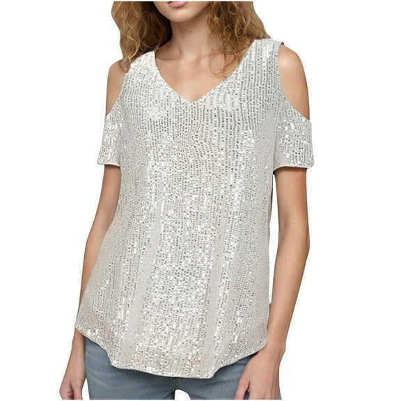 Mittory Sequin Sparkly Tops for Women V Neck Cold Shoulder Glitter Dressy Blouses Party Tanks Concert Summer Shirts