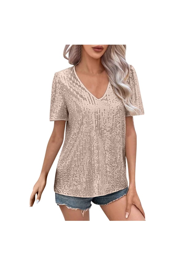 Sequin Tops for Women Short Sleeve V-Neck Cut-Out Shiny Metallic Sparkly Glitter Party Tops Blouse