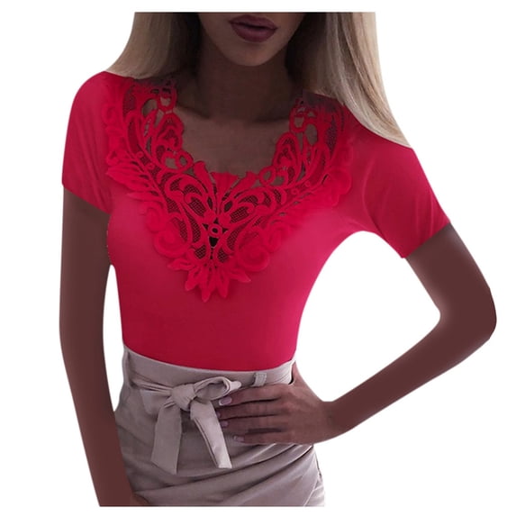 Mittory Sexy Lace Cold Shoulder Tops for Women Summer Dressy Casual T Shirt V Neck Short Sleeve Tshirt Blouses