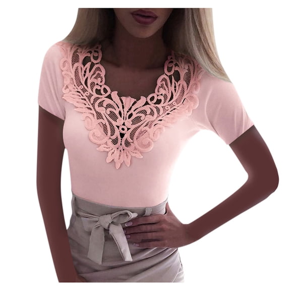Mittory Sexy Lace Cold Shoulder Tops for Women Summer Dressy Casual T Shirt V Neck Short Sleeve Tshirt Blouses