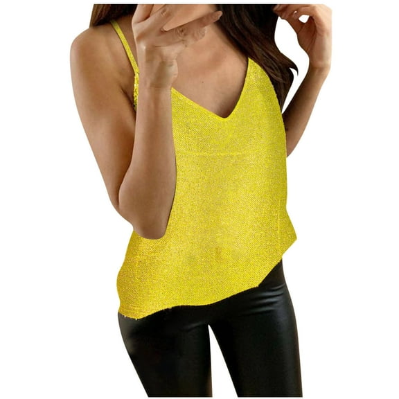 Mittory Shiny Tops for Women Casual Fashion V Neck Strappy Sequin Sparkle Shimmer Camisole Sleeveless Tanks Tops