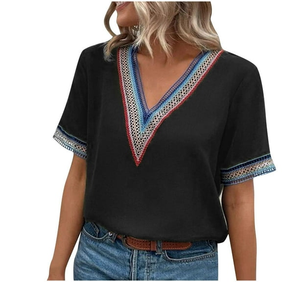 Mittory Short Sleeve Lace Ruffle Trim V Neck Shirts for Women Floral Print Tunic Tops Blouses