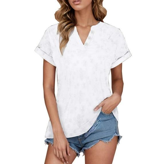 Mittory Short Sleeve Shirts for Women Fashion Plus Size Button Casual T Shirt Summer V Neck Printed Blouse Tees