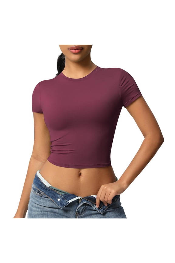 Short Sleeve Shirts for Women Round Neck Basic Double Lined Tees Fitted Crop Tops