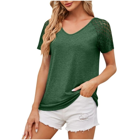 Mittory Short Sleeve Shirts for Women,Summer Elegant Trendy Lace Sleeve Going Out Tops,Dressy Casual V Neck Tees