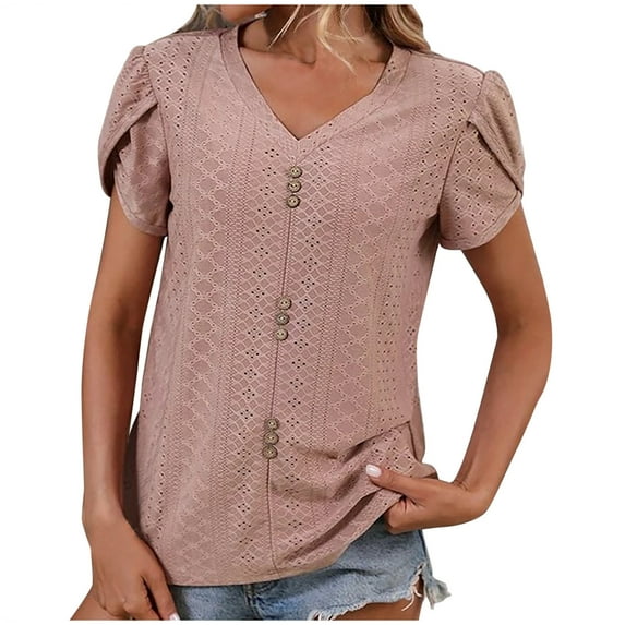 Mittory Short Sleeve Tops for Women Summer Eyelet Hollow Out V Neck Button Decor Blouse Tunic Tops Loose Fit