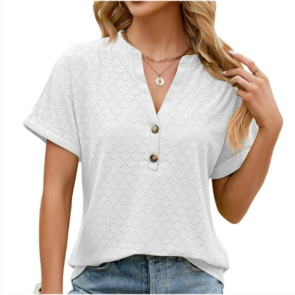 Mittory Short Sleeve Tops for Women Trendy V Neck Button Down Shirts Summer Eyelet Casual Tee Workout