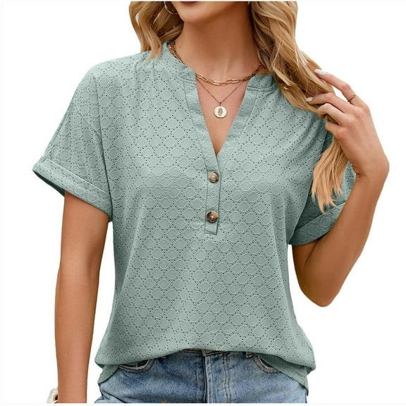 Mittory Short Sleeve Tops for Women Trendy V Neck Button Down Shirts Summer Eyelet Casual Tee Workout