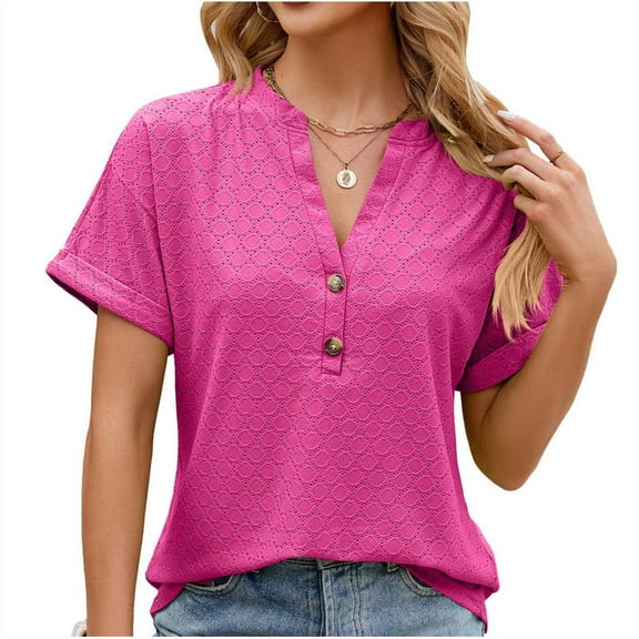 Mittory Short Sleeve Tops for Women Trendy V Neck Button Down Shirts Summer Eyelet Casual Tee Workout