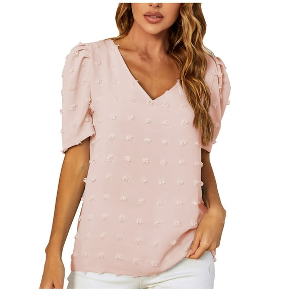 Mittory Short Sleeve Tshirts for Women Chiffon V Neck Blouses Cute Puff Sleeve Tops