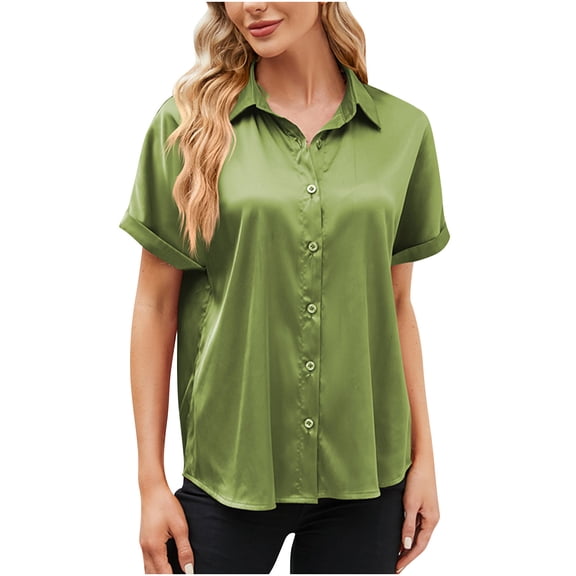 Mittory Silk Blouse for Women Short Sleeve Satin Button Down Shirts Casual Loose V-Neck Business Work Tunic Top