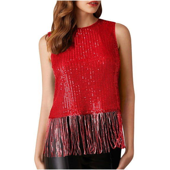Mittory Sparkly Fringe Tops for Women Sleeveless Crewneck Tassel Sequin Tank Top Glitter Crop Party Shirt Cami Outfit