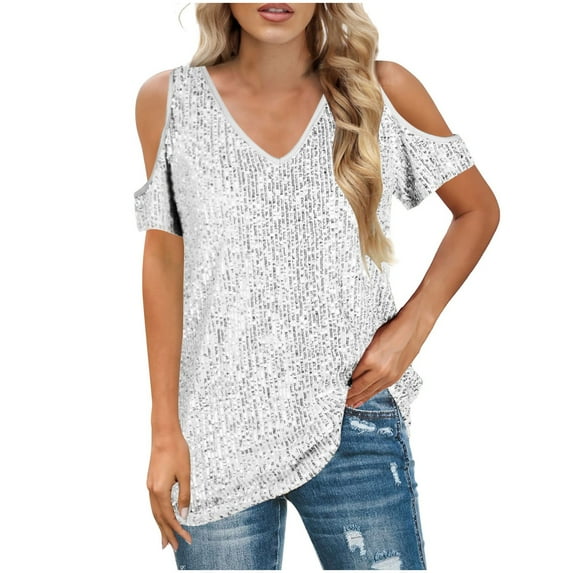 Mittory Sparkly Sequin Top V Neck Cold Shoulder Glitter Short Sleeve Dressy Party Blouse Shirts