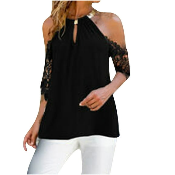 Mittory Summer Cold Shoulder Tops for Women Sexy Halter Lace Hollow Out Keyhole Loose Short Sleeve