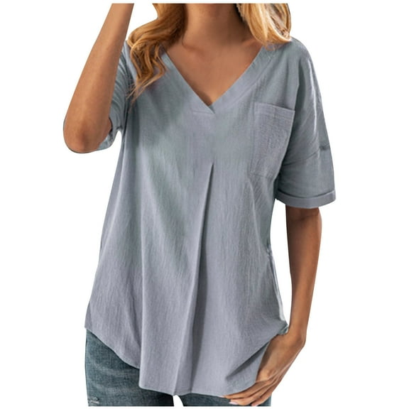 Mittory Summer Cotton Plus Size Tops for Women Trendy Short Sleeve V Neck Loose Blouse Workout Basic Comfy T Shirts Tees